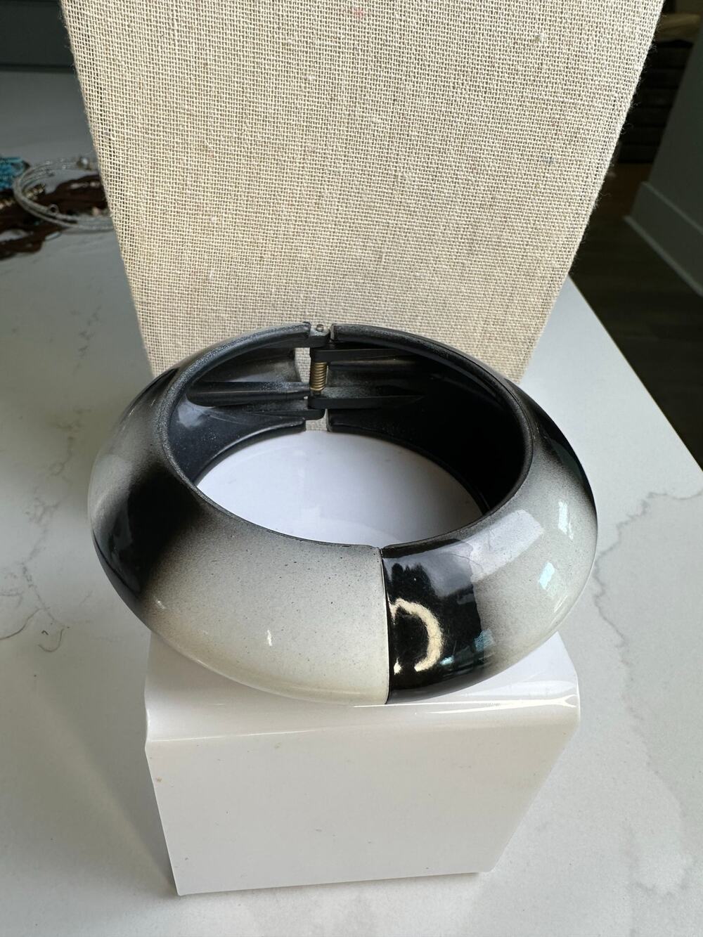 Vintage Black + White Hinged Plastic Bracelet 0.5" Retro Boho Boho Whimsigoth
